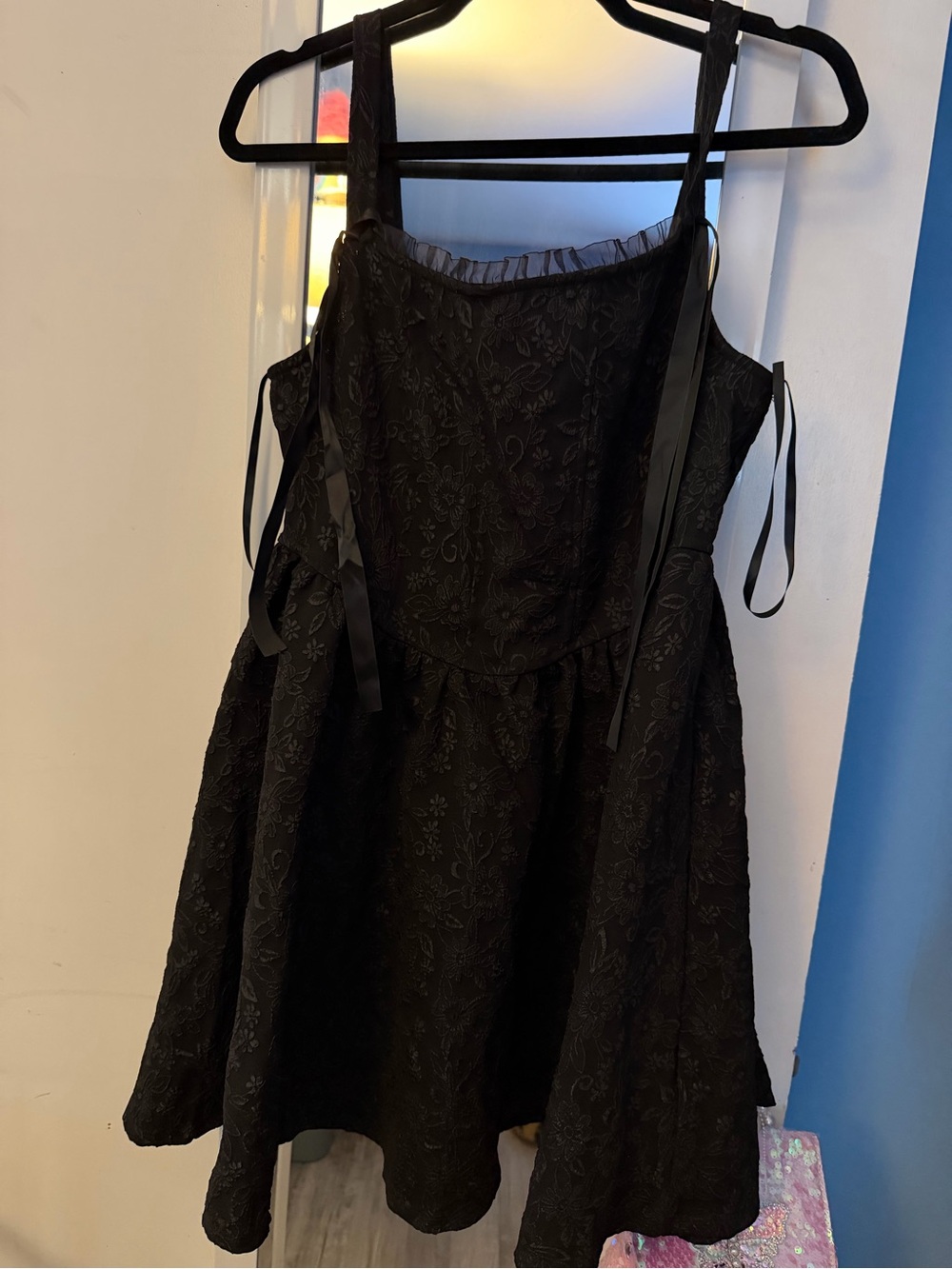 Trixxi Black Floral Jacquard Ribbon-Tie Mini Dress